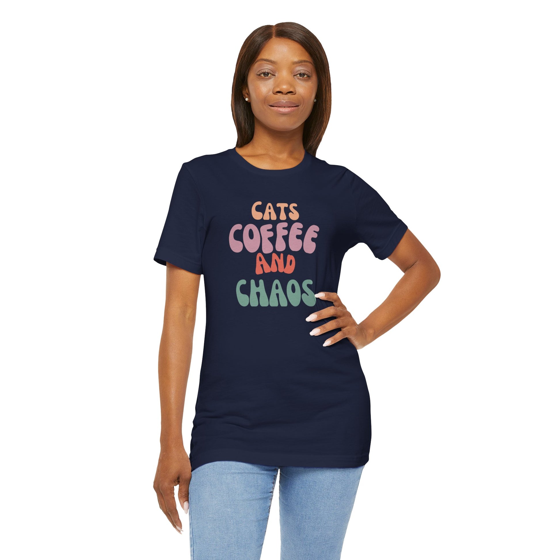 Cats and Coffee and Chaos Tee This shirt celebrates the joyful chaos that comes with loving cats and coffee. Whether you're sipping your morning brew or cuddling your kitty, this shirt lets the world know your passions. Wear it with pride and let the comp