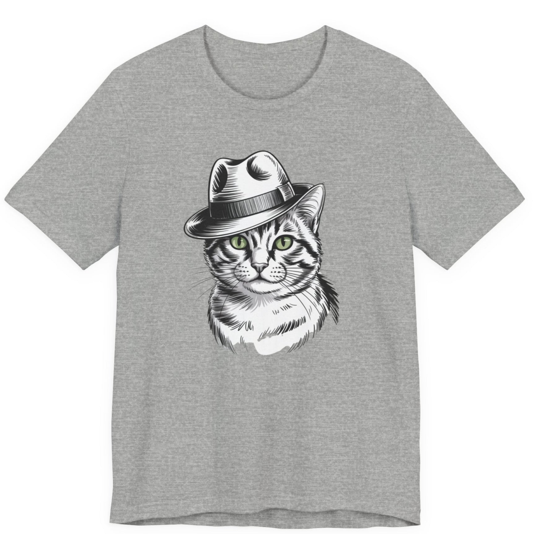 Gray t-shirt with a cat wearing a hat graphic on a white background