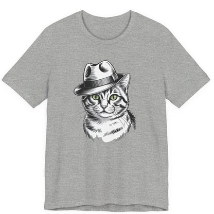 Gray t-shirt with a cat wearing a hat graphic on a white background