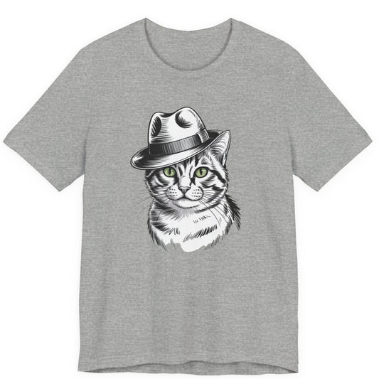 Gray t-shirt with a cat wearing a hat graphic on a white background