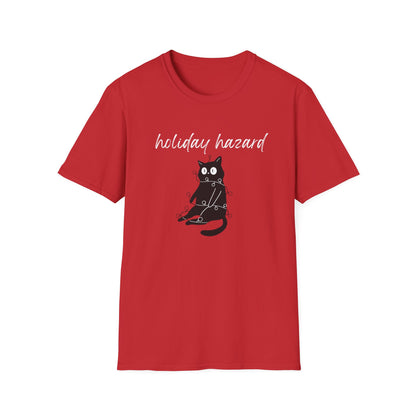 Holiday Hazard Black Cat Christmas T-Shirt | Funny Feline Lights Graphic Tee