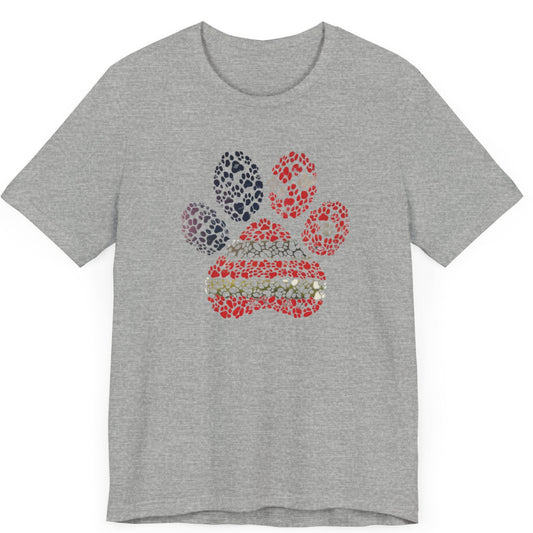 A cute tshirt featuring individual cat or dog prints in red white and blue