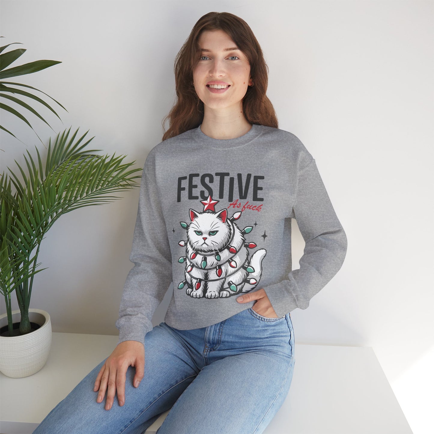 Grumpy Festive Cat Crewneck Sweatshirt