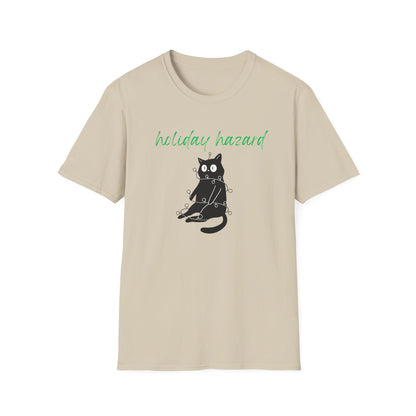 Holiday Hazard Black Cat Christmas T-Shirt | Funny Feline Lights Graphic Tee