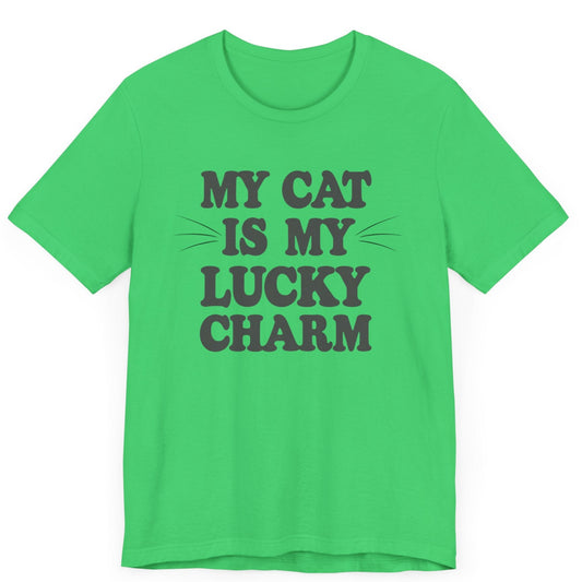 tshirt for st patricks day that says my cat is my lucky charm. it also features cat whiskers on both sides