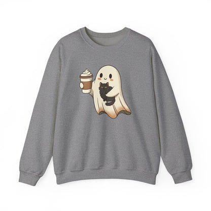 Ghost with Black Cat & Coffee Sweatshirt – Cute Halloween Crewneck, Spooky Season Fall Sweatshirt for Cat Lovers