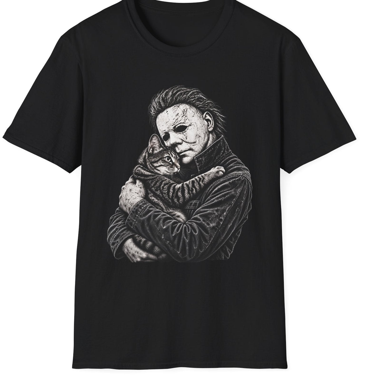 Black tshirt with michael myers holding a cat
