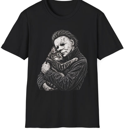 Black tshirt with michael myers holding a cat