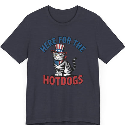 Tabby cat with uncle sam hat on and the words ere for the hot dogs