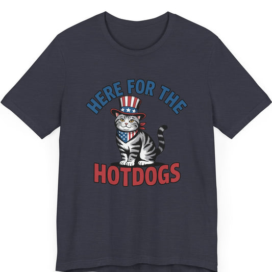 Tabby cat with uncle sam hat on and the words ere for the hot dogs