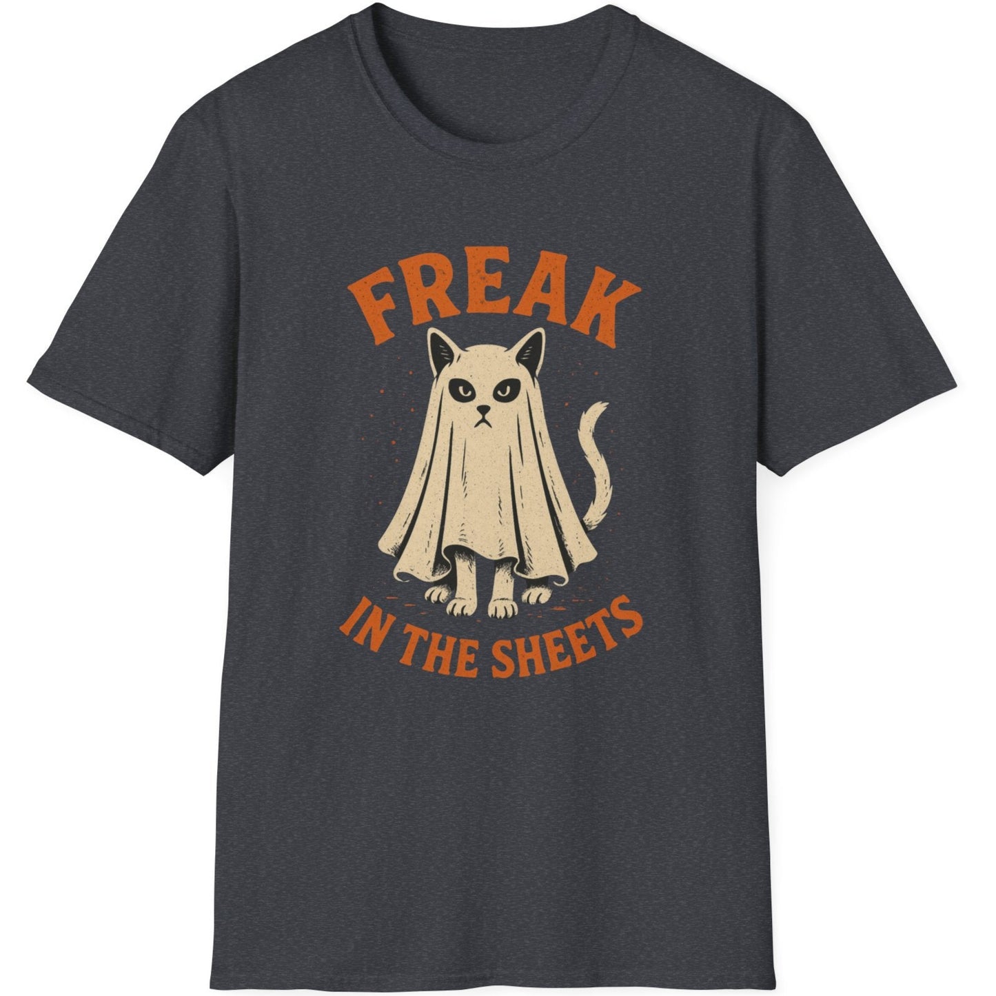 Gray t-shirt with a graphic of a cat in a sheet and text 'Freak in the Sheets' 