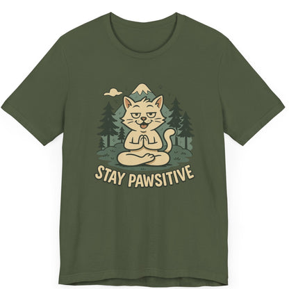 Tshirt featuring a meditating cool cat in front of a mountain and trees with the words tay pawsitive