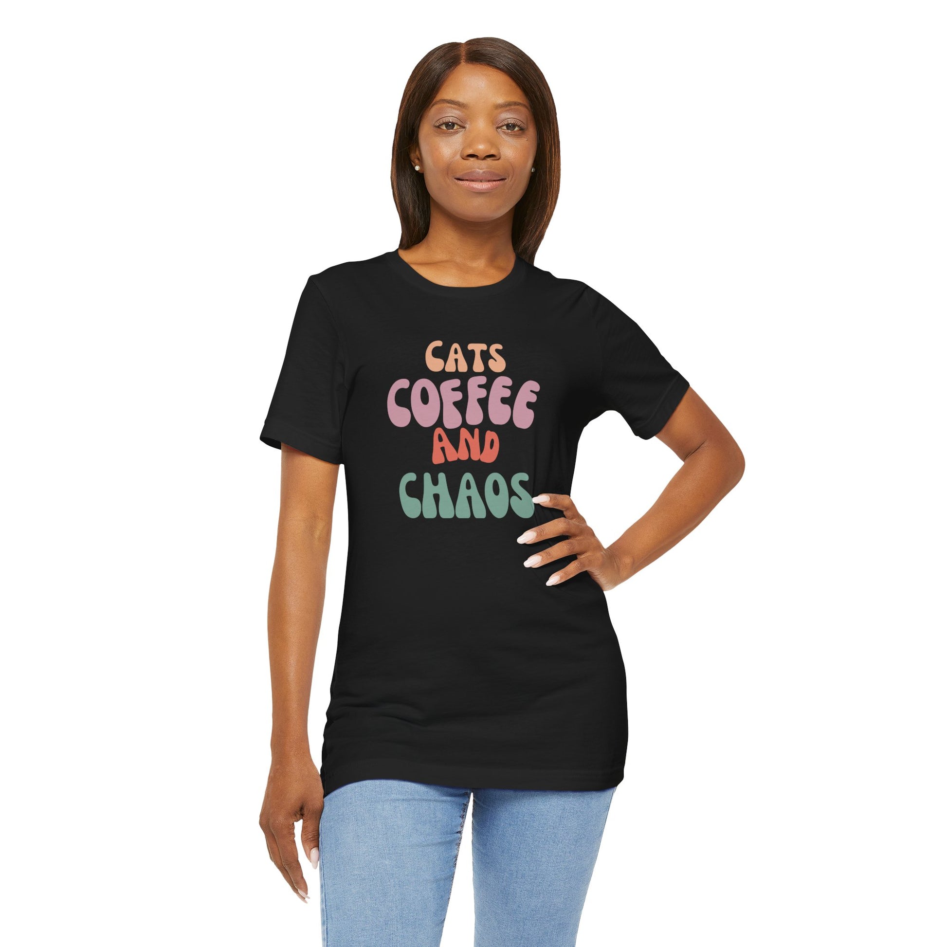 Cats and Coffee and Chaos Tee This shirt celebrates the joyful chaos that comes with loving cats and coffee. Whether you're sipping your morning brew or cuddling your kitty, this shirt lets the world know your passions. Wear it with pride and let the comp
