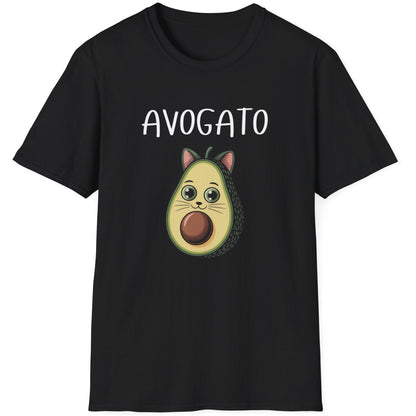 t-shirt with a cartoon avocado design that looks like a cat and 'AVOGATO' text 