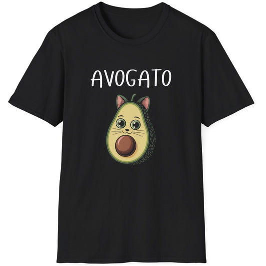 t-shirt with a cartoon avocado design that looks like a cat and 'AVOGATO' text 