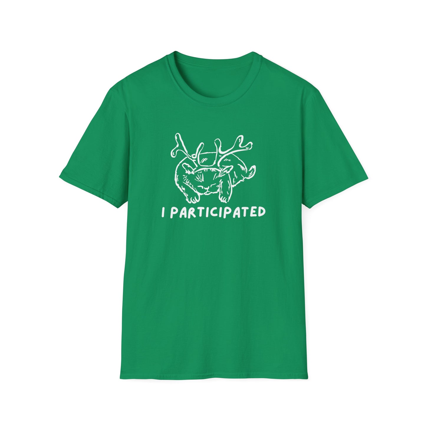 I Participated Cat Christmas T-Shirt | Funny Lazy Cat Reindeer Holiday Tee