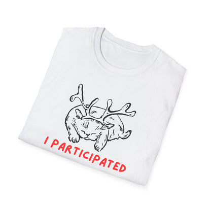I Participated Cat Christmas T-Shirt | Funny Lazy Cat Reindeer Holiday Tee