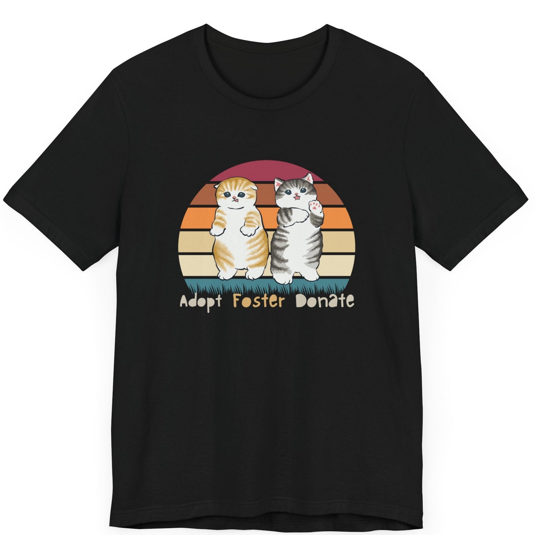 To adorable cats with a retro sun backround and the words adopt foster donate