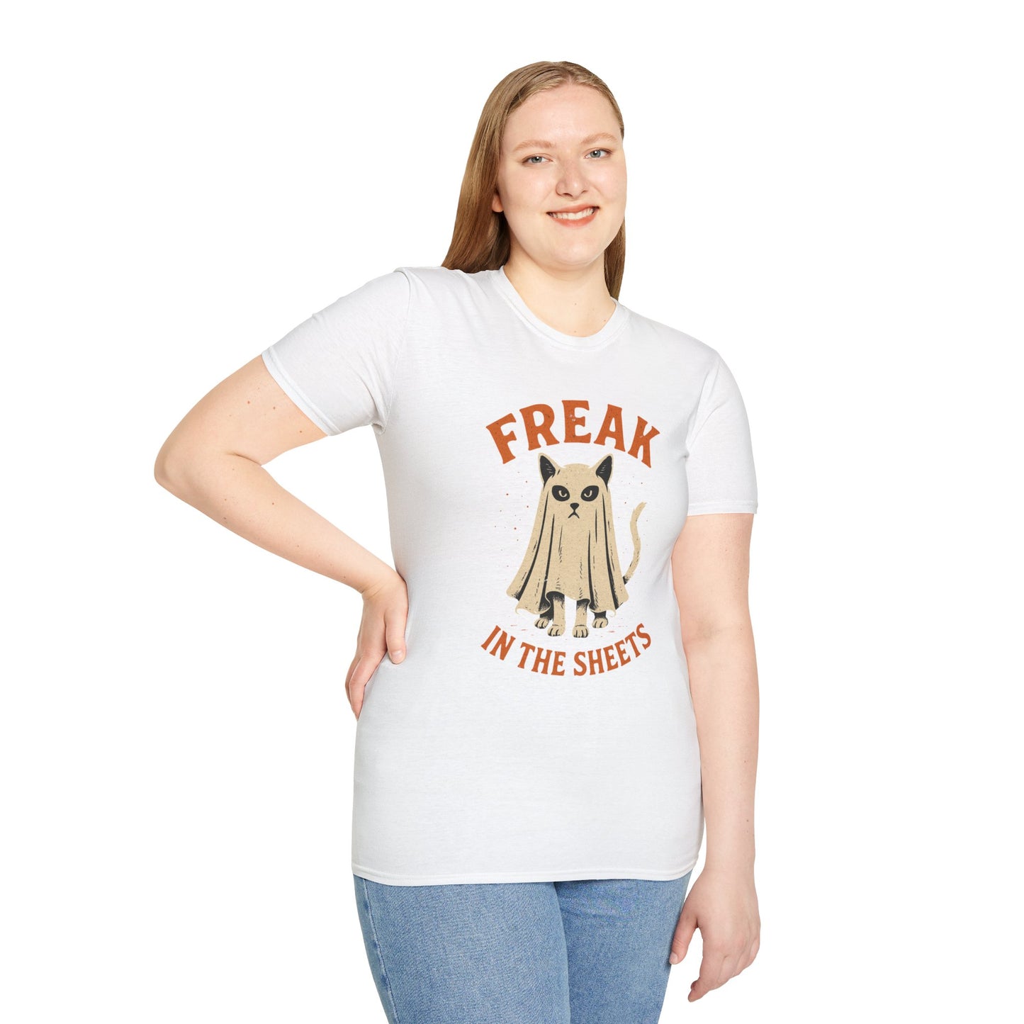 Freak in the Sheets Cat Halloween T-Shirt – Funny Ghost Cat Graphic Tee