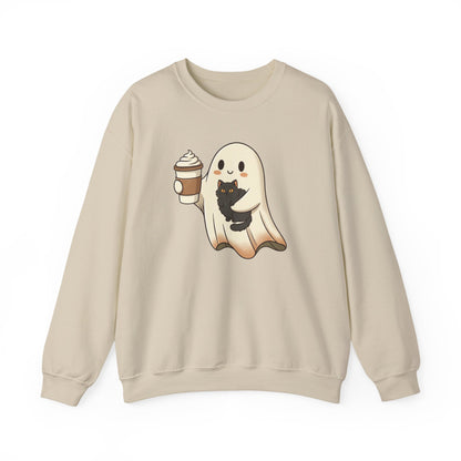 Ghost with Black Cat & Coffee Sweatshirt – Cute Halloween Crewneck, Spooky Season Fall Sweatshirt for Cat Lovers