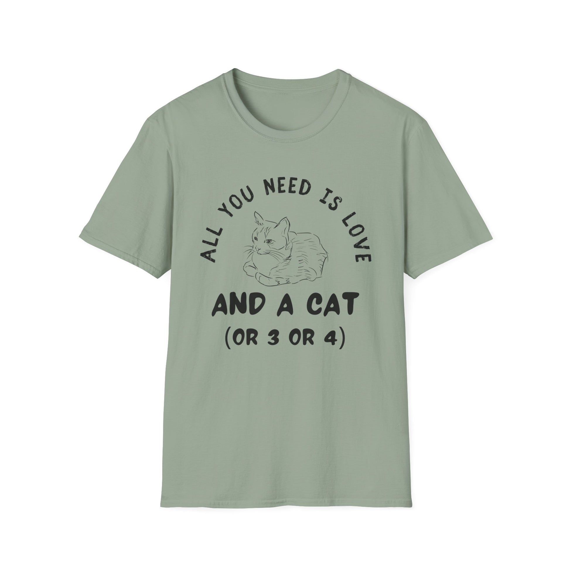 All You Need Is Love and a Cat T-Shirt by Twisted Furball with cute feline design for cat lovers.
