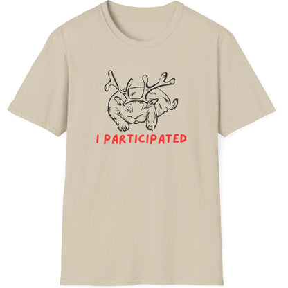 Beige t-shirt with a graphic of a cat with antlers and 'I Participated' text 
