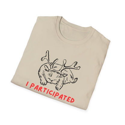 I Participated Cat Christmas T-Shirt | Funny Lazy Cat Reindeer Holiday Tee