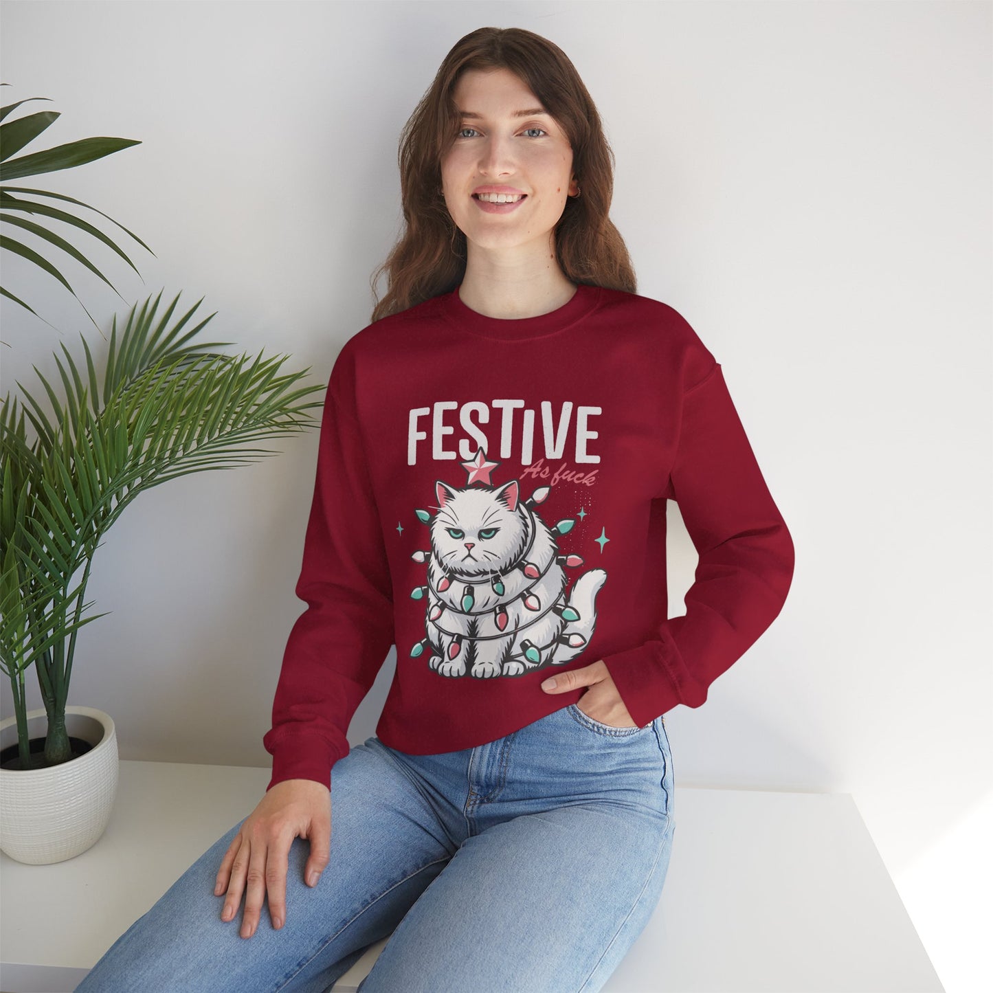 Grumpy Festive Cat Crewneck Sweatshirt