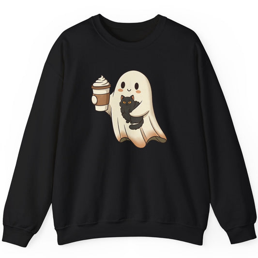 Black sweatshirt with a ghost holding a coffee cup design on a white background