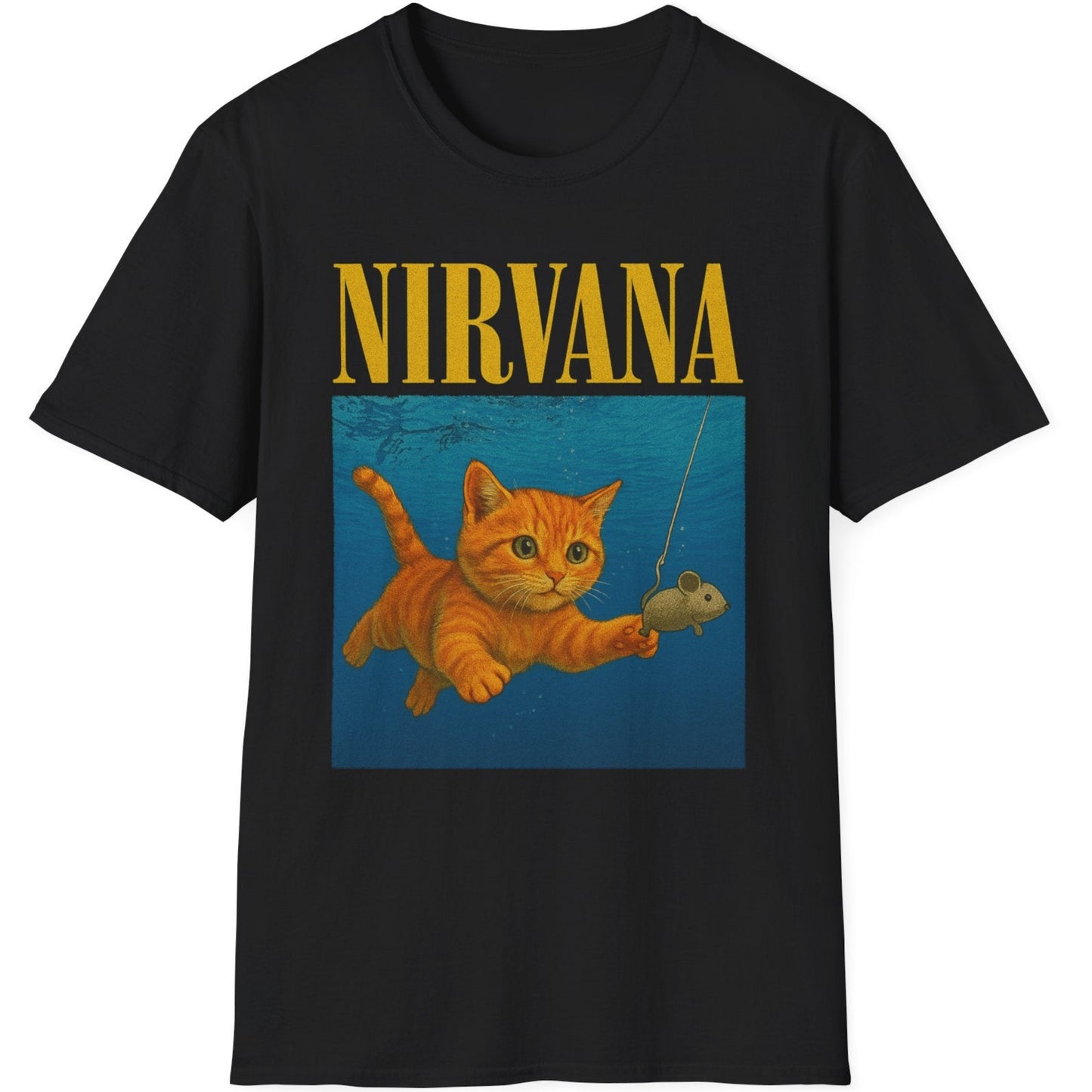 Black t-shirt with a cat and mouse graphic and 'Nirvana' text. A play on the classic Nirvana Nevermind album but with a twisted furball twist