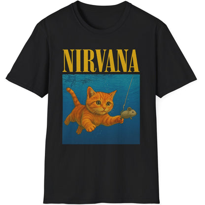 Black t-shirt with a cat and mouse graphic and 'Nirvana' text. A play on the classic Nirvana Nevermind album but with a twisted furball twist