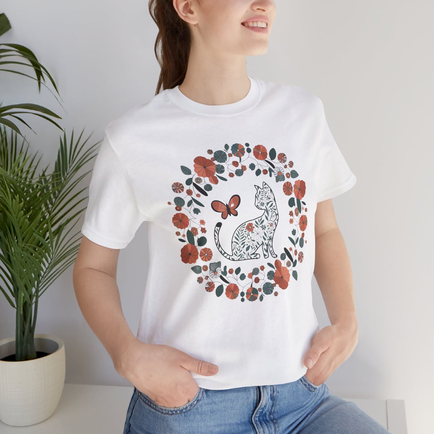 Floral Cat T-shirt with Butterfly