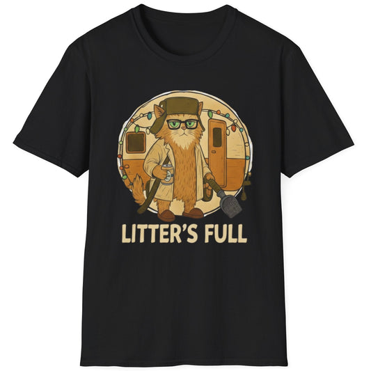 Cousin Eddie parody of cat in front of a camper with the words litter's full