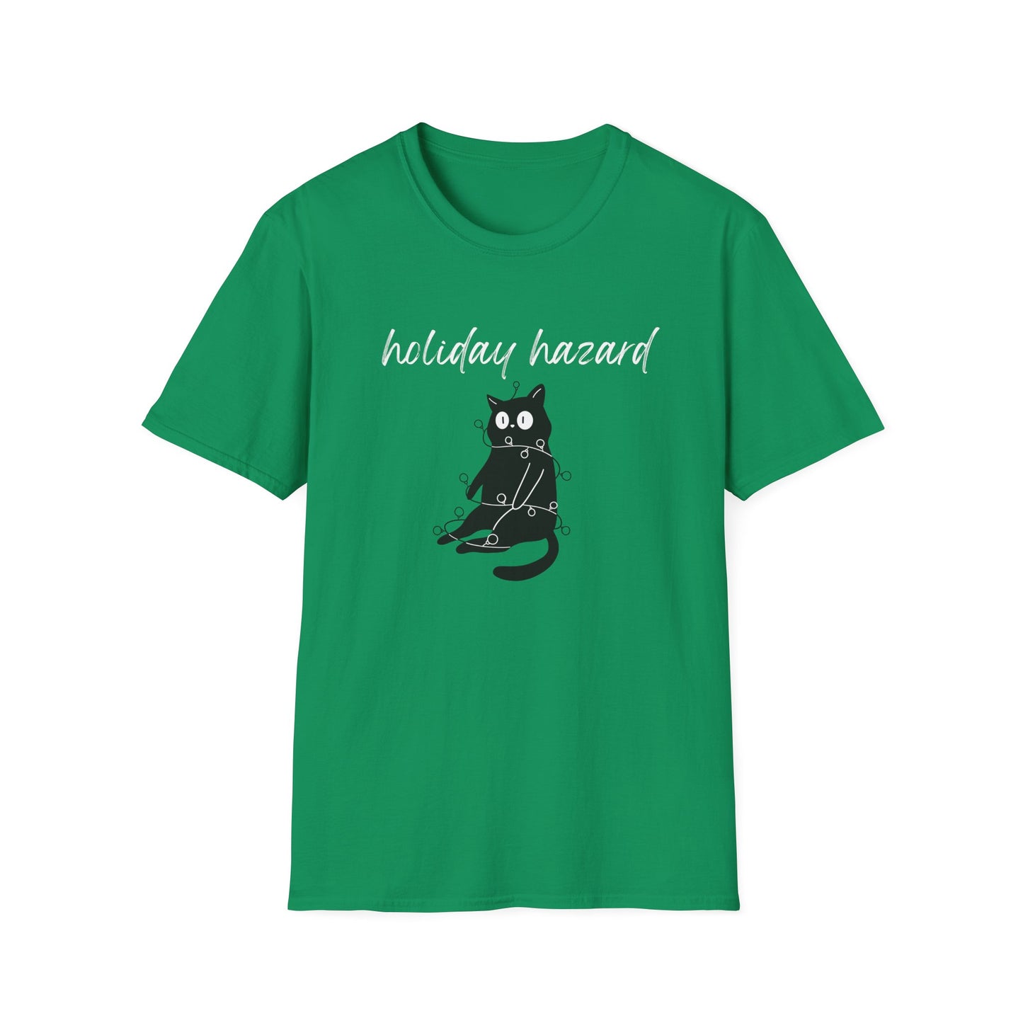 Holiday Hazard Black Cat Christmas T-Shirt | Funny Feline Lights Graphic Tee