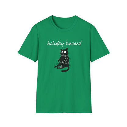 Holiday Hazard Black Cat Christmas T-Shirt | Funny Feline Lights Graphic Tee