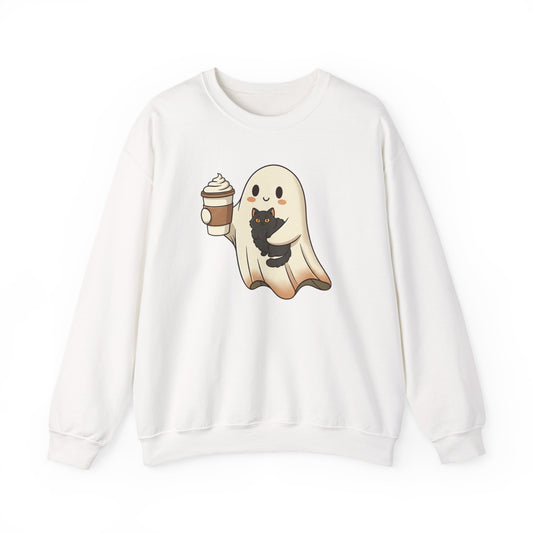 Ghost with Black Cat & Coffee Sweatshirt – Cute Halloween Crewneck, Spooky Season Fall Sweatshirt for Cat Lovers