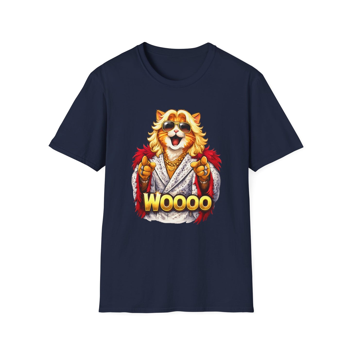Ric Flair cat parody shirt featuring a cat in sunglasses and feathered robe with WOOOO text