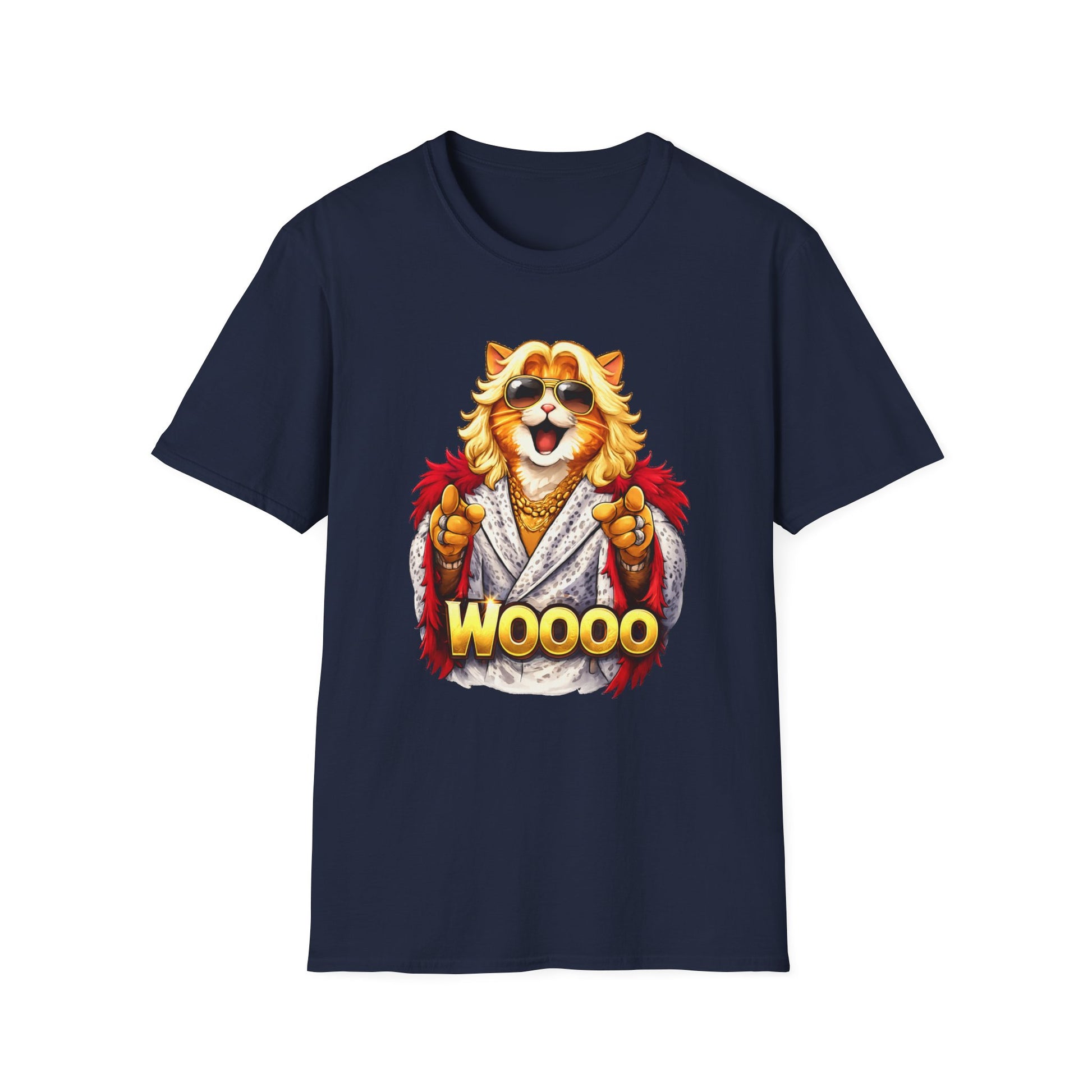 Ric Flair cat parody shirt featuring a cat in sunglasses and feathered robe with WOOOO text