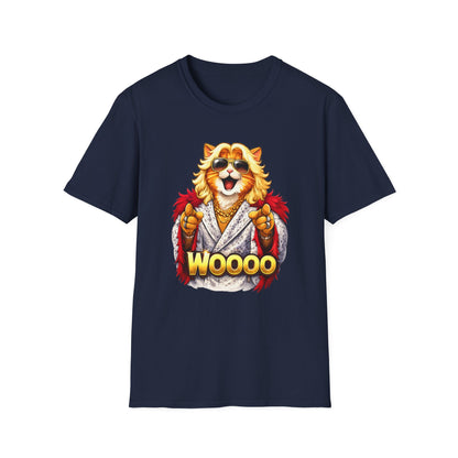 Ric Flair cat parody shirt featuring a cat in sunglasses and feathered robe with WOOOO text