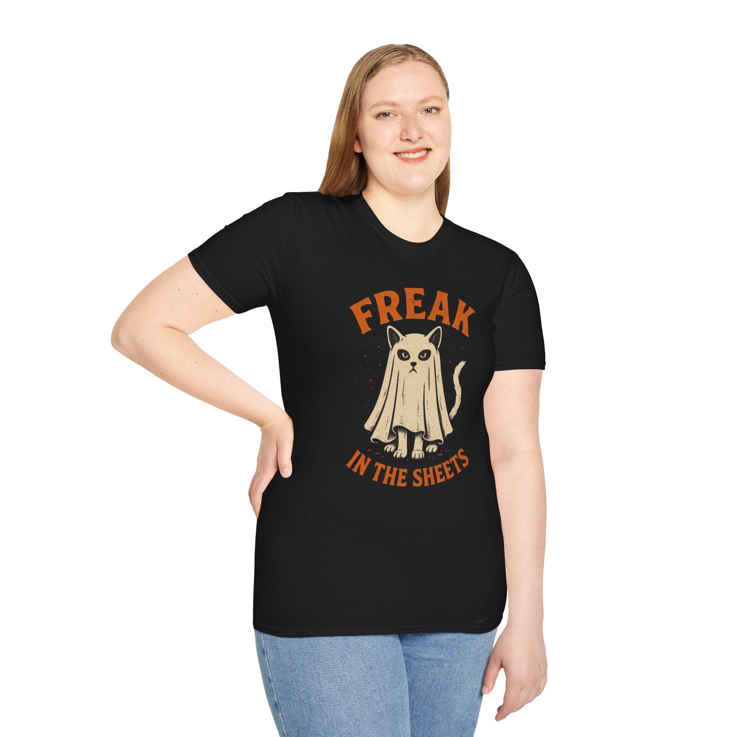 Freak in the Sheets Cat Halloween T-Shirt – Funny Ghost Cat Graphic Tee