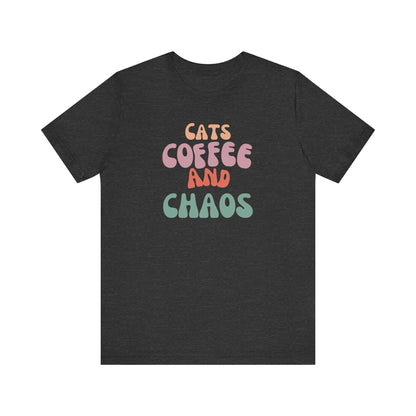 Cats and Coffee and Chaos Tee This shirt celebrates the joyful chaos that comes with loving cats and coffee. Whether you're sipping your morning brew or cuddling your kitty, this shirt lets the world know your passions. Wear it with pride and let the comp