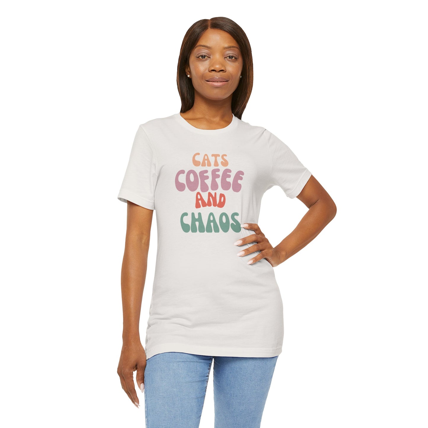 Cats and Coffee and Chaos Tee This shirt celebrates the joyful chaos that comes with loving cats and coffee. Whether you're sipping your morning brew or cuddling your kitty, this shirt lets the world know your passions. Wear it with pride and let the comp