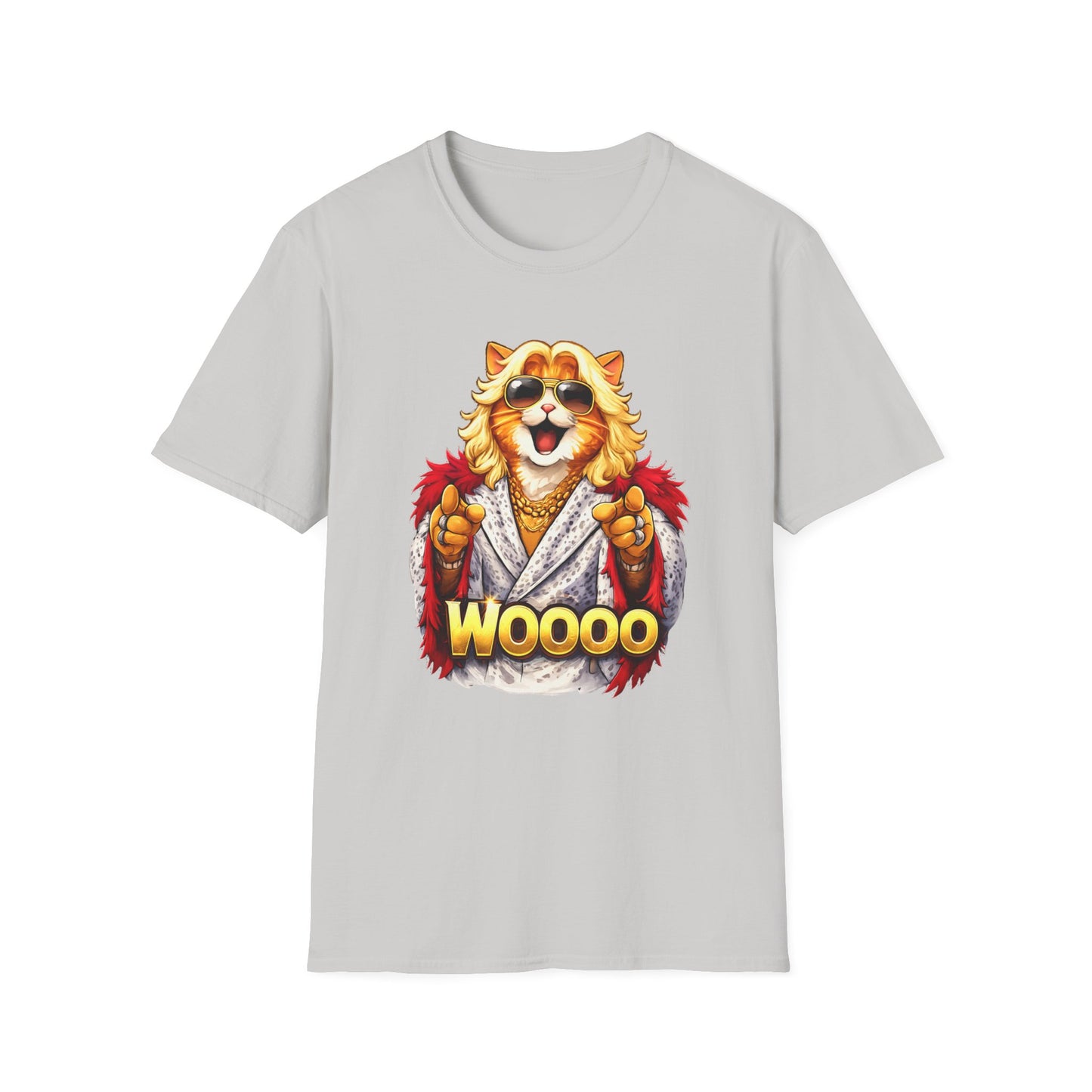 Ric Flair cat parody shirt featuring a cat in sunglasses and feathered robe with WOOOO text