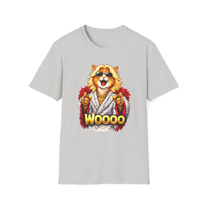 Ric Flair cat parody shirt featuring a cat in sunglasses and feathered robe with WOOOO text