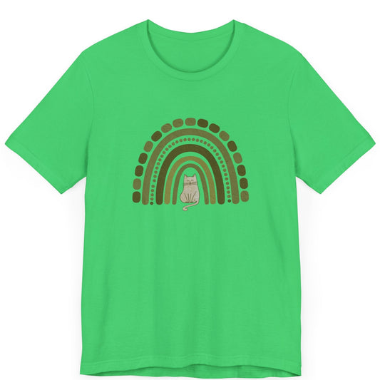 a tshirt with a boho rainbow. A cat is sitting in the middle of the rainbow