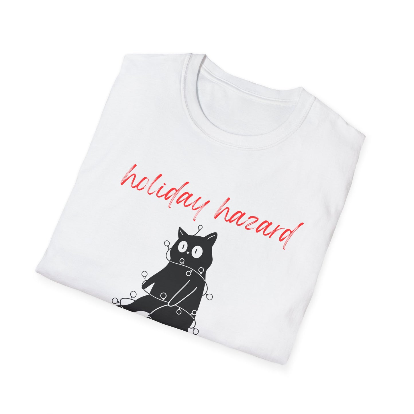 Holiday Hazard Black Cat Christmas T-Shirt | Funny Feline Lights Graphic Tee