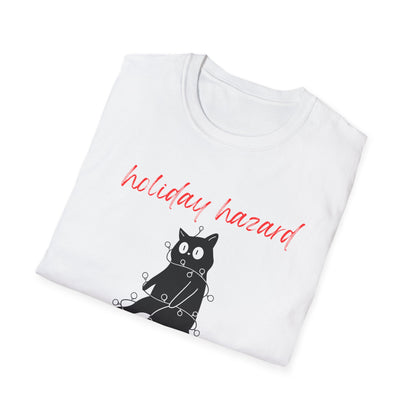 Holiday Hazard Black Cat Christmas T-Shirt | Funny Feline Lights Graphic Tee