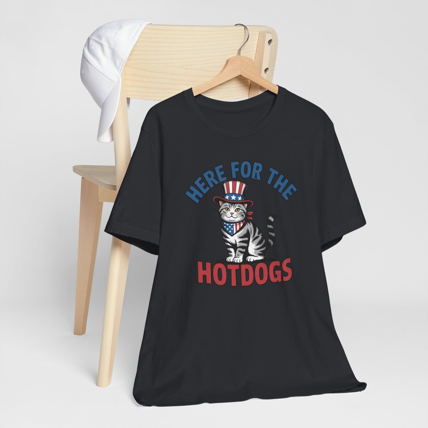 Patriotic Cat T-Shirt - "Here For The Hotdogs" Funny 4th of July Shirt