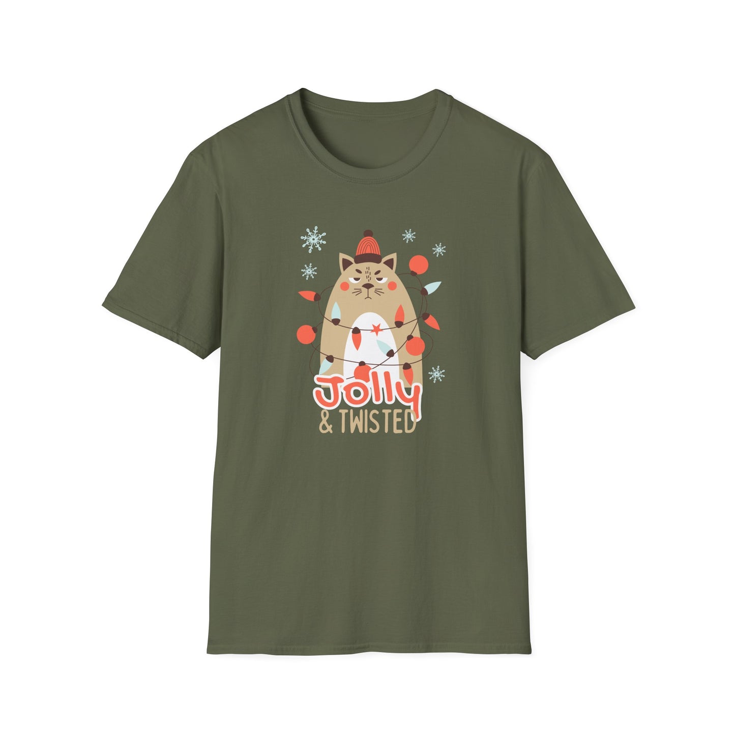 Jolly & Twisted Christmas Cat T-Shirt – Funny Holiday Cat Lover Graphic Tee