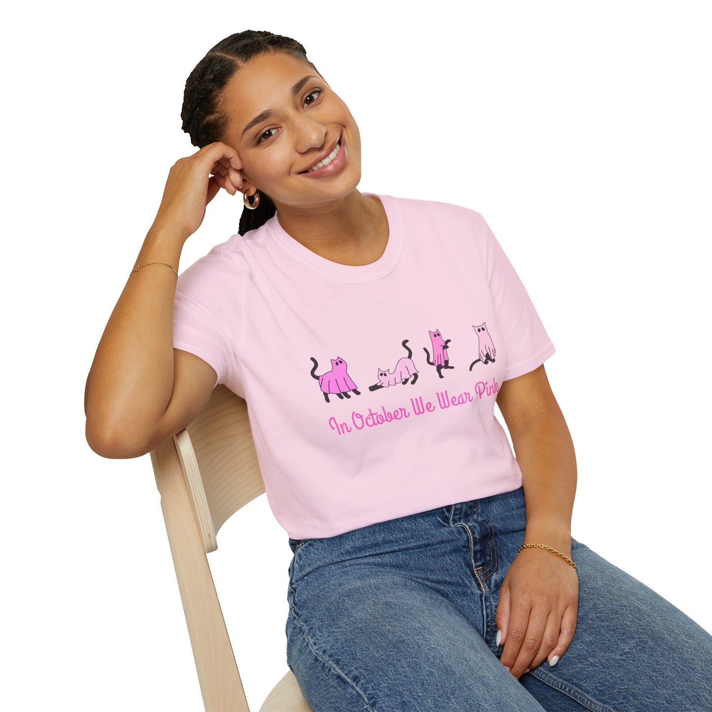 In October We Wear Pink Cat T-Shirt – Funny Breast Cancer Awareness Tee